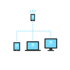 Connected electronic devices (smartphone, tablet, laptop and desktop computer) symbolizing cross platform web content.