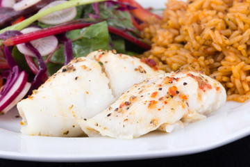 baked sole fish roll with rice and fresh salad dish