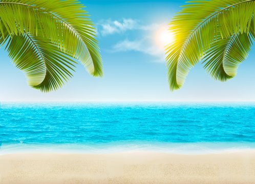Seaside with palms and a beach. Vector.