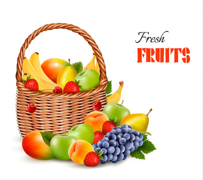 Fresh color fruit in basket. Concept of diet. Vector illustratio