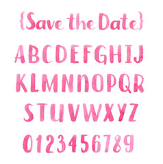 Hand drawn watercolor pink calligraphic font.