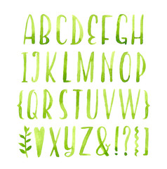 Hand drawn calligraphic green watercolor font.