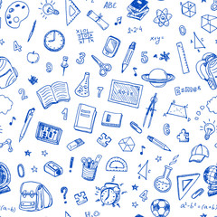 Hand drawn seamless pattern with school sign and symbol doodles elements. - 85285844