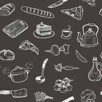 Seamless pattern with kitchen utensils and food on a black chalkboard.