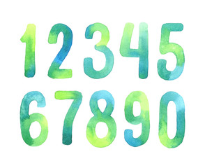 Hand painted green watercolor alphabet. Numbers 0-9.
