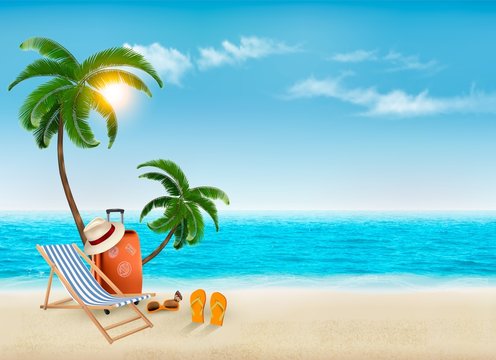 Tropical seaside with palms, a beach chair and a suitcase. Vacat