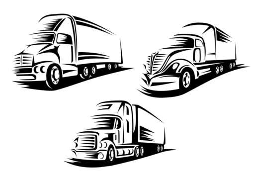 Outlined cargo trucks on a road