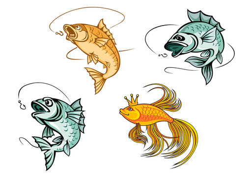 Cartoon goldfish and fishes with hooks