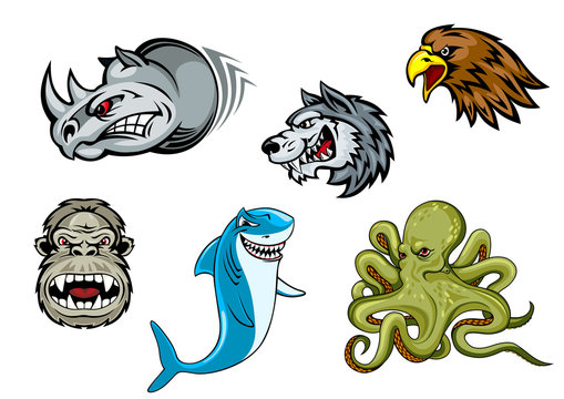 Cartoon eagle, wolf, shark, gorilla, rhino and octopus