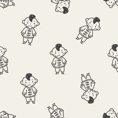 Chinese boy doodle seamless pattern background