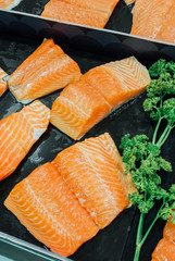 Raw salmon fillet in the supermarket