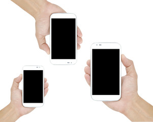 Hand holding White Smartphone with blank screen