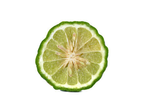 closeup half cut fresh bergamot or Leech Lime on white backgroun