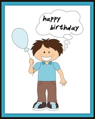 Happy birthday card with smiling boy, balloon and speech bubble