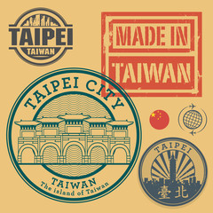 Obraz premium Stamp or label set with text Taipei, Taiwan