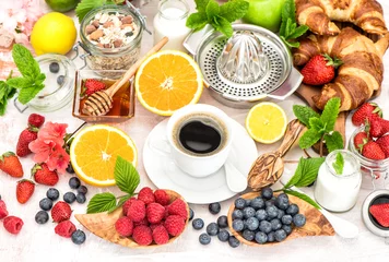 Poster Breakfast with coffee, croissants, granola, honey, berries, frui © LiliGraphie
