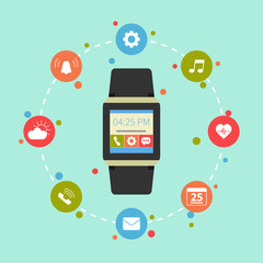 Flat design vector illustration concept of  smart watch gadget. Modern background with new technology electronic device with apps icons 