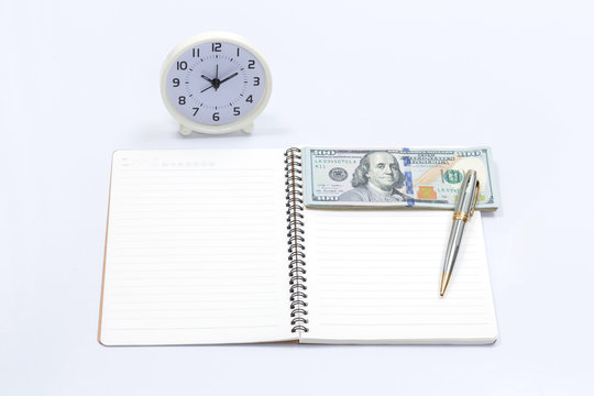 Blank Notebook With Clock And Dollar Bill For Money And Time Con