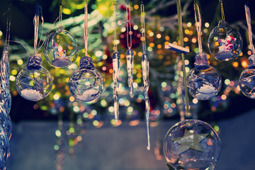 Christmas-tree decorations on amazing bokeh background at the christmas market in the city