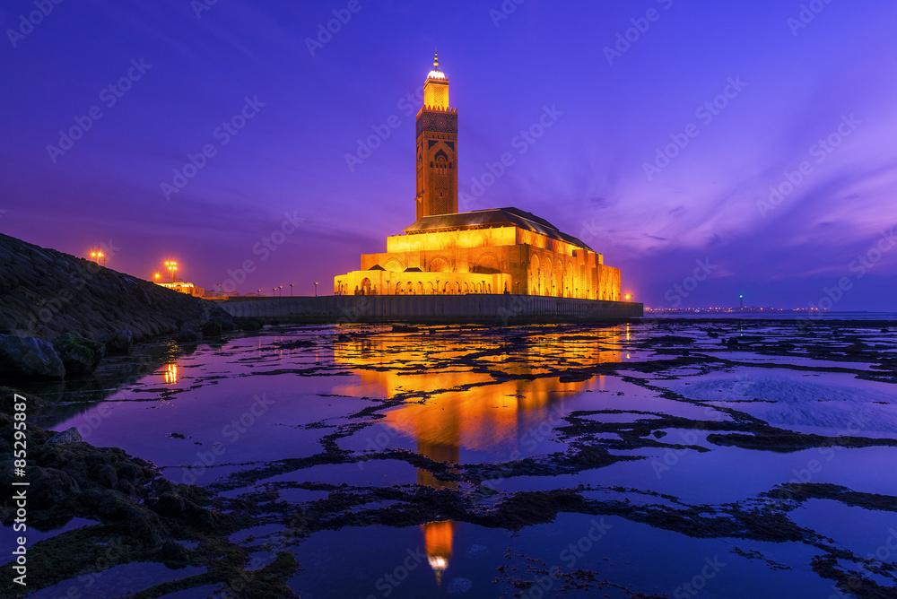 Wall mural Hassan II Mosque during the sunset in Casablanca, Morocco