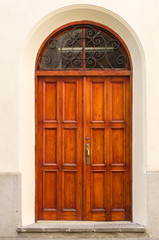 Vintage wooden door in wall arch