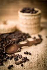 Fototapeta na wymiar pile of fresh and bio aromatic coffee beans and spoon