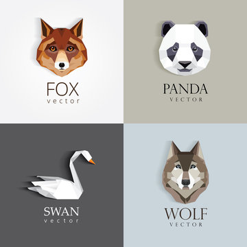 trendy low polygon style animal logos for business visual identity -swan, fox, panda bear and wolf- modern geometric triangular style