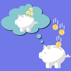 piggy pig keeping coins, dreams save dollars. vector. isolated