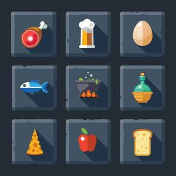 Cartoon vector flat relief game icon set on stone. Food and drink