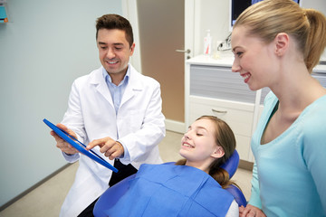 Fototapeta premium dentist showing tablet pc to girl and her mother