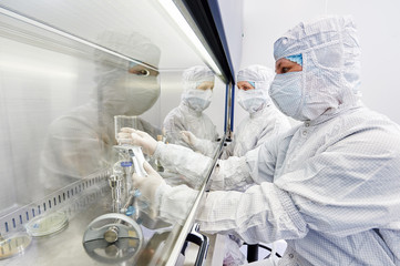 workers in protective uniform at laboratory