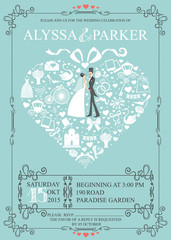 Wedding invitation with heart composition.Bride,groom