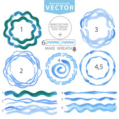 Watercolor wavy brushes,circle frame.Cyan,blue.Summer
