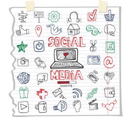 Social Media Word and Icon.Doodle sketchy Notepaper