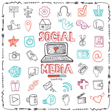 Social Media Word and Icon set.Doodle sketchy outline