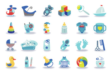 Newborn Baby boy icons set.Baby shower kit