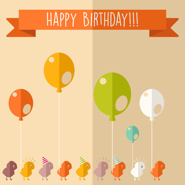 Vector happy birthday card, flat colorful design, chickens with caps, balloons and ribbon