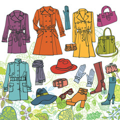 Fashion clothes set.Spring  woman wear,green  leaves