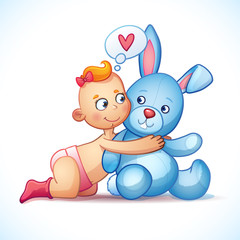Baby girl redhead hugs bunny toy on a white background. Easter plush toy.