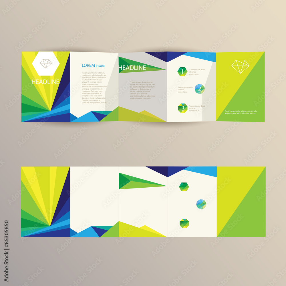 Sticker business brochure template design in modern triangular geometric composition with logo elements and 