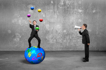 Boss using speaker yelling businessman balancing on sphere juggl