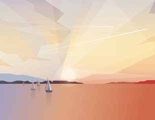 ocean view  landscape with sailing boats on colorful sunset and airplanes traveling through the sky
