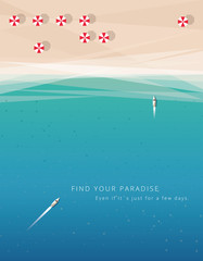 abstract minimalistic summer beach vacation holidays poster or wallpaper in trendy flat minimalistic style. Top view perspective of the blue ocean and white sand beach shore with parasols and yachts
