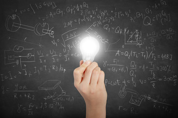 Light bulb in hand against blackboard with formula from many different subjects.