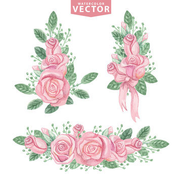 Watercolor pink roses compositions.Cute vintage flowers