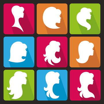 Girl face silhouette.Profiles Hair style.Icons set