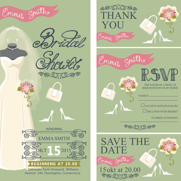 Bridal shower invitation set.Bridal dress,bouquet,accessories