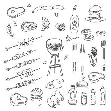 hand drawn barbecue related item set