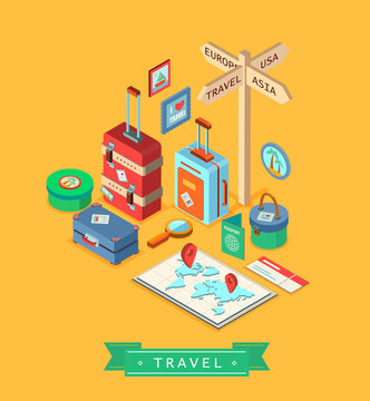Isometric summer creative design template. Set of traveling