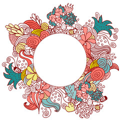 Hand drawn floral vector doodle round color card design